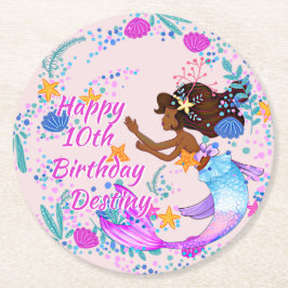 Posavasos Redondo De Papel Añadir nombre de texto Mermaid Pink Mauve Aqua Fie