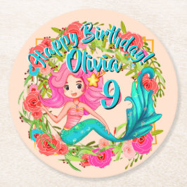 Posavasos Redondo De Papel Añadir nombre edad Pink Mermaid Blue Tail Birday P