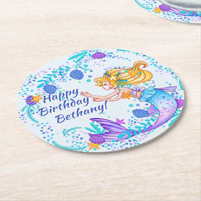 Posavasos Redondo De Papel Añadir nombre texto de la sirena dorsal azul malva (En perspectiva)