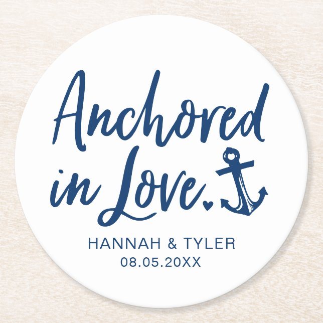 Posavasos Redondo De Papel Anchored In Love Beach Nautical Boda (Anverso)