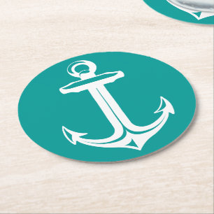 Posavasos Redondo De Papel Ancla de barco en teal náutico y blanco Fiesta en