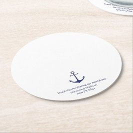 Posavasos Redondo De Papel ancla náutica boda azul marino y blanco