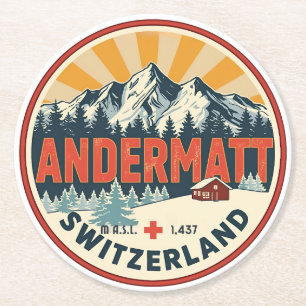 Posavasos Redondo De Papel Andermatt esquí vintage Suiza Alpes suizos regalos