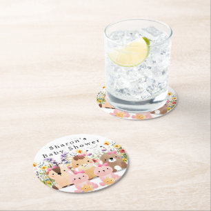Posavasos Redondo De Papel Animales Bebés Adorables y Ducha de Bebé de Flores