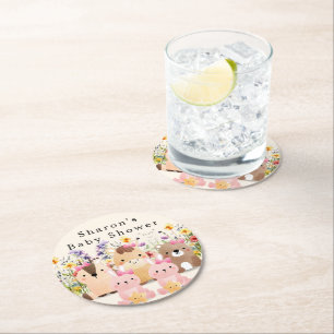 Posavasos Redondo De Papel Animales Bebés Adorables y Ducha de Bebé de Flores