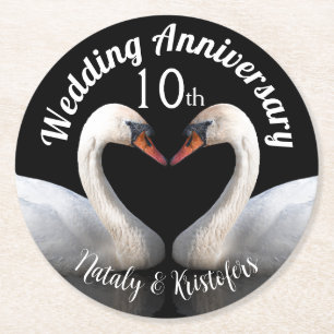 Posavasos Redondo De Papel Aniversario boda dos cisnes Negro
