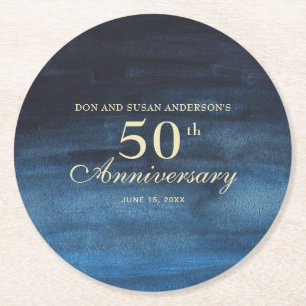 Posavasos Redondo De Papel Aniversario de Bodas de Azul Marino 50