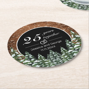 Posavasos Redondo De Papel Aniversario de la Madera de Nieve Negra y el Pino