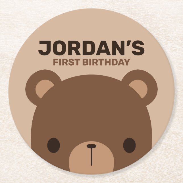 Posavasos Redondo De Papel Aniversario del Oso Marrón Pequeño (Anverso)
