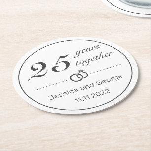 Posavasos Redondo De Papel Aniversario negro blanco Minimalista moderno