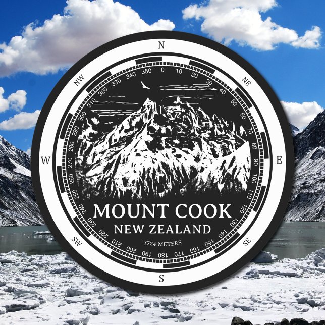 Posavasos Redondo De Papel Aoraki Monte Cook - Canterbury Nueva Zelanda (Mount Cook New Zealand Coaster in Back with a white compass and mountain illustration)