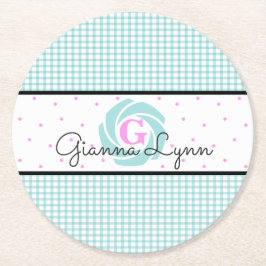 Posavasos Redondo De Papel Aqua Gingham Monogrammed