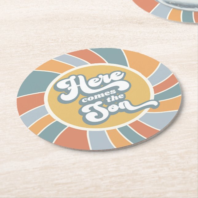 Posavasos Redondo De Papel Aquí Viene El Baby Shower Retro De Son Groovy (En perspectiva)