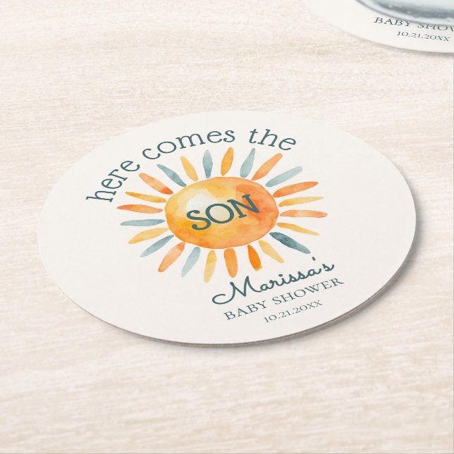 Posavasos Redondo De Papel Aquí viene el niño bebé ducha (En perspectiva)