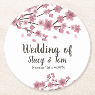 Posavasos Redondo De Papel Árbol de Flor de Cerezo Pétalos Rosados Boda
