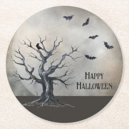 Posavasos Redondo De Papel Árbol de Halloween con raven y murciélagos