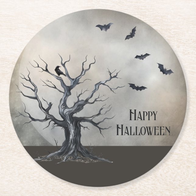 Posavasos Redondo De Papel Árbol de Halloween con raven y murciélagos (Anverso)