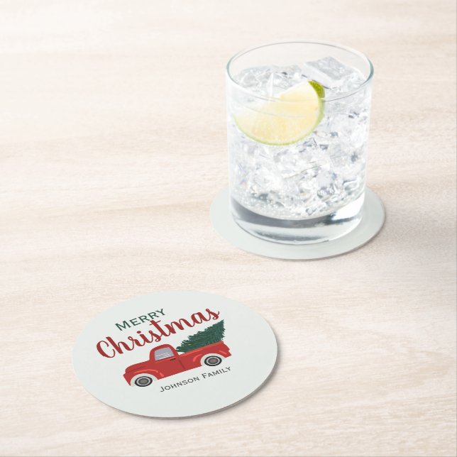 Posavasos Redondo De Papel Árbol de Navidad de camión rojo personaliza la mon (In situ)