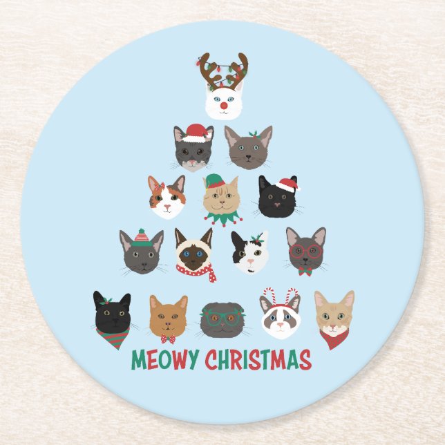 Posavasos Redondo De Papel Árbol de Navidad de gato (Anverso)