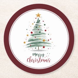 Posavasos Redondo De Papel Árbol de Navidad moderno burgundy