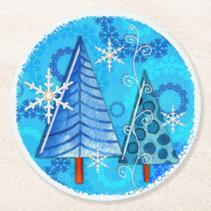 Posavasos Redondo De Papel Árbol de Navidad y copo de nieve galvanizado