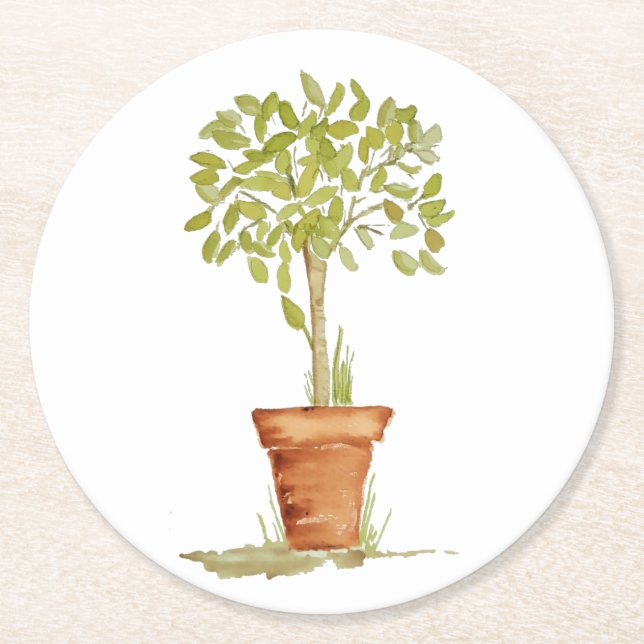 Posavasos Redondo De Papel Árbol del Topiary de la acuarela (Anverso)