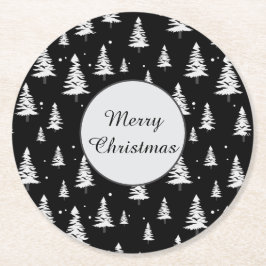Posavasos Redondo De Papel Árbol negro y blanco de Navidad