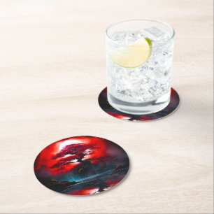 Posavasos Redondo De Papel Árbol Rojo Místico Bajo Luna Llena