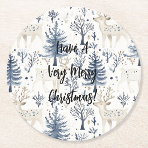 Posavasos Redondo De Papel Árboles de Navidad azules ciervos blancos