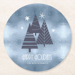 Posavasos Redondo De Papel Árboles de Navidad y copos de nieve Blue ID863