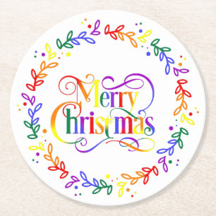 Posavasos Redondo De Papel Arcoiris Merry Navidad Wreath Paper Coasters