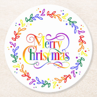 Posavasos Redondo De Papel Arcoiris Merry Navidad Wreath Paper Coasters