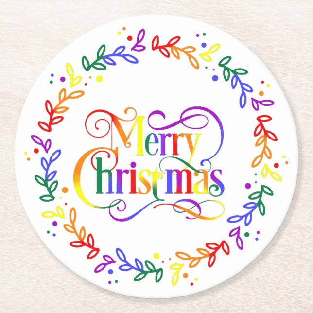 Posavasos Redondo De Papel Arcoiris Merry Navidad Wreath Paper Coasters (Anverso)