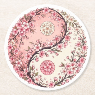 Posavasos Redondo De Papel Armonía de flor de cerezo rosa Yin Yang