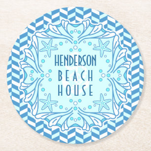 Posavasos Redondo De Papel Art déco Shell de la casa de playa y personalizad