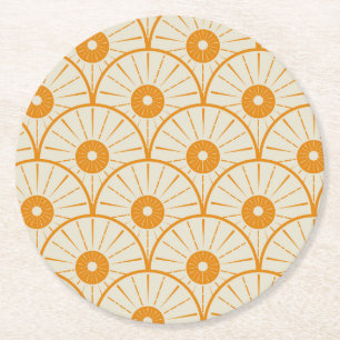 Posavasos Redondo De Papel Arte abstracto deco patrón sol naranja