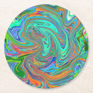 Posavasos Redondo De Papel Arte abstracto retro groovy de Aqua, Naranja y Ver