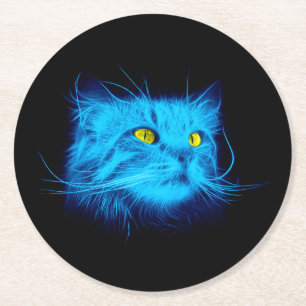 Posavasos Redondo De Papel Arte de gato neón azul fresco - Diseño de animal l