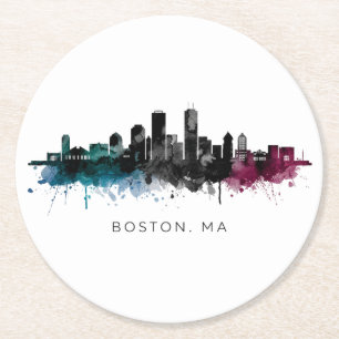 Posavasos Redondo De Papel Arte de Massachusetts   Acuarela del horizonte de 