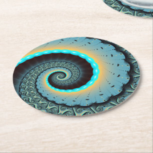 Posavasos Redondo De Papel Arte en espiral fractal abstracto azul turquesa na