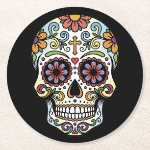 Posavasos Redondo De Papel Arte Pop Dia de los Muertos Calavera de Azúcar Cóm