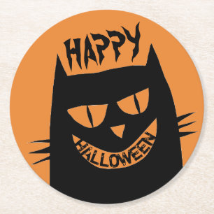 Posavasos Redondo De Papel Asombroso gato negro de Halloween en Naranja