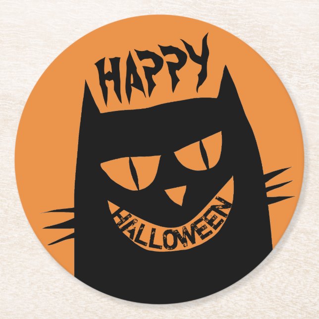 Posavasos Redondo De Papel Asombroso gato negro de Halloween en Naranja (Anverso)