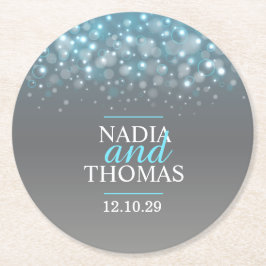 Posavasos Redondo De Papel Astras de papel azul gris de champán boda