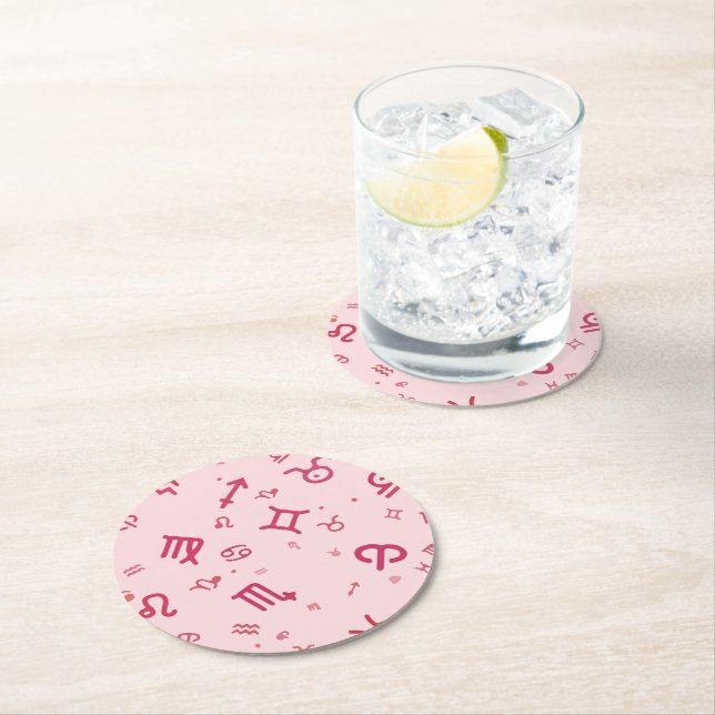 Posavasos Redondo De Papel Astrología rosa Rótulo de símbolos zodiaco (In situ)