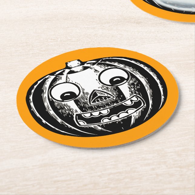 Posavasos Redondo De Papel Asustador de papel redondo de Jack-o-Lantern (En perspectiva)