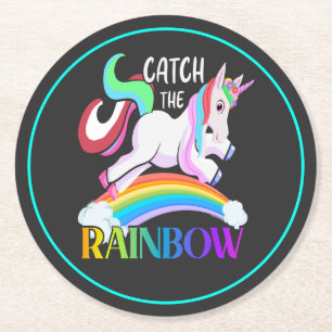 Posavasos Redondo De Papel Atrapa el diseño de Unicornio de Arcoíris