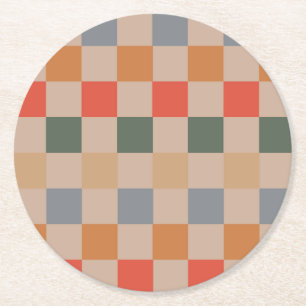 Posavasos Redondo De Papel Azul Beige Naranja Marrón Cuadros Vichy Estampado