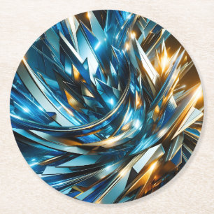 Posavasos Redondo De Papel Azul Dorado Futurista Abstracto Metálico Geométric