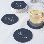 Posavasos Redondo De Papel Azul marino | Boda de escritura manuscrita moderna<br><div class="desc">Diseñado para coincidir con nuestras invitaciones de boda manuscritas modernas. Un hermoso diseño basado en tipografía con un toque minimalista,  con sus nombres en escritura moderna manuscrita sobre un fondo azul marino.</div>